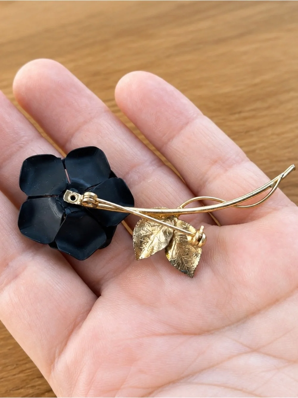 Vintage Black Rose Brooch Gold Tone Green Enamel Leaf Floral Pin 3.25 Inch